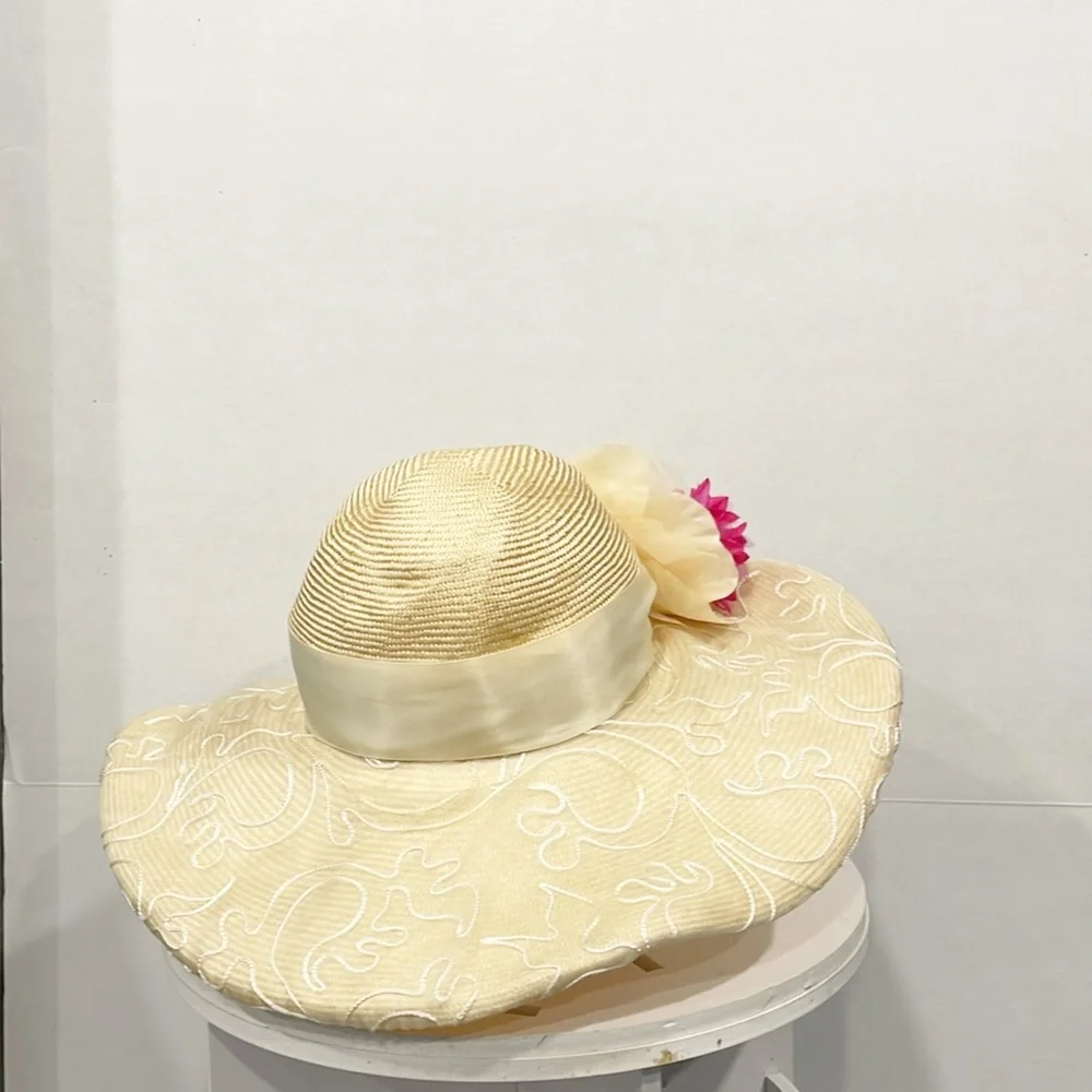 ANN VUILLE‎  Womens Straw Cream Formal Hat Floral Derby Horse Race Church Summer